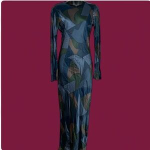 Zara Women's Silky Floor Length Dress S Bell Sleeves Contemporary Abstract Artsy